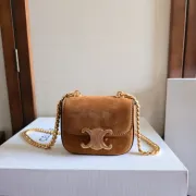 Celine Women's Mini Crossbody Bag - Tan Suede Leather, Gold-Tone Triomphe Logo &amp; Chain Strap, Luxury Compact Shoulder Bag for Fashion Enthusiasts #A56846