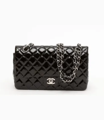 Chanel Classic Flap Bag In Black Patent Leather With Silver Chain Strap And Iconic Logo #A50304