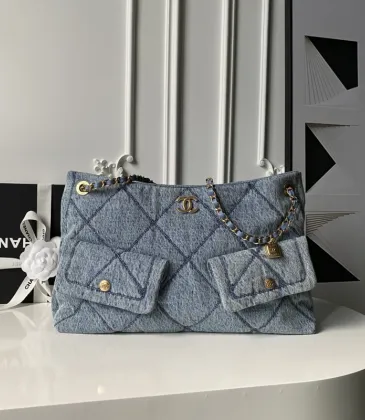 Chanel Women's Denim Tote Bag - Quilted Design, Light Blue Denim Fabric, Gold-Tone CC Logo &amp; Chain Strap with Lock Detail, Spacious Luxury Handbag with Functional Pockets #A56747