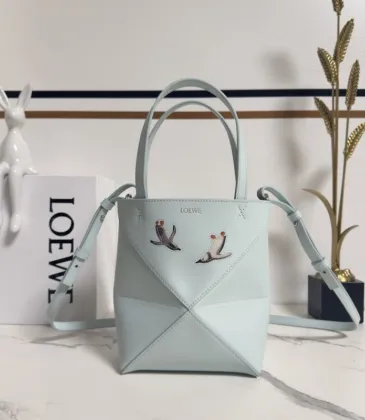 Loewe Women's Mini Bucket Bag - Light Blue Leather with Penguin Embroidery, Convertible Handle &amp; Crossbody Strap, Playful Luxury Handbag with Anagram Logo #A56856