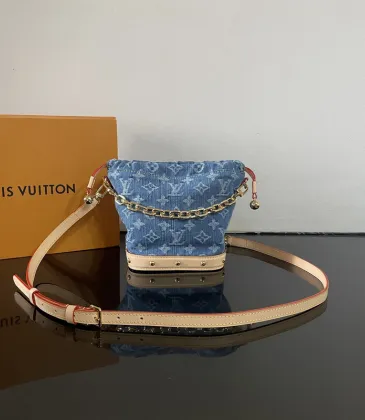 Louis Vuitton Denim Bucket Bag With Monogram Pattern And Gold Chain Accent  #A53368