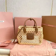 Miu Miu Woven Rattan Handbag With Leather Trim And Brand Plaque #A50907