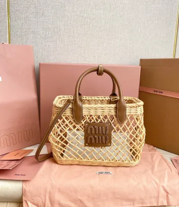 Miu Miu Woven Rattan Handbag With Leather Trim And Brand Plaque #A50907