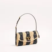 Valentino 22116 Garavani Devain Black Beige Striped Raffia Shoulder Crossbody Handbag #A65998 Valentino 22116 Garavani Devain Black Beige Striped Raffia Shoulder Crossbody Handbag #A65998
