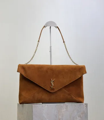SAINT LAURENT Cassandra Large Envelope Shoulder Bag – Tan Suede with Gold YSL Logo (Detachable Chain Strap) #A58782
