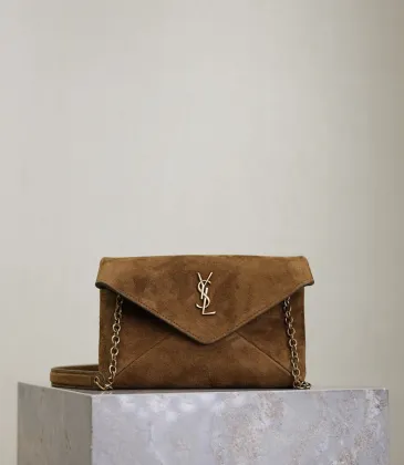SAINT LAURENT Cassandre Envelope Chain Pouch – Camel Suede Leather with Gold YSL Logo #A58761 SAINT LAURENT Cassandre Envelope Chain Pouch – Camel Suede Leather with Gold YSL Logo #A58761
