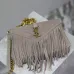 SAINT LAURENT Loulou Fringe Medium Shoulder Bag – Dusty Beige Suede with Chevron Quilt &amp; Gold YSL Logo (Convertible Chain Strap) #A58779