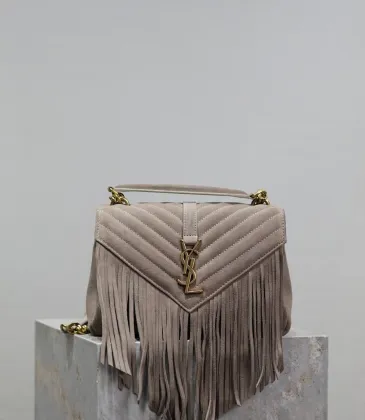 SAINT LAURENT Loulou Fringe Medium Shoulder Bag – Dusty Beige Suede with Chevron Quilt &amp; Gold YSL Logo (Convertible Chain Strap) #A58779