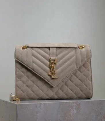 SAINT LAURENT Loulou Small Envelope Crossbody Bag – Dusty Beige Suede with Mixed-Quilt Stitching &amp; Gold YSL Logo (Detachable Chain Strap) #A58777