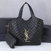 Yves Saint Laurent Black Quilted Leather Tote Bag With Gold Logo And Matching Pouch #A50844