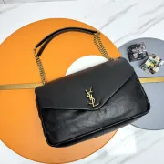 Yves Saint Laurent Black Leather Shoulder Bag With Signature Gold YSL Logo #A50996