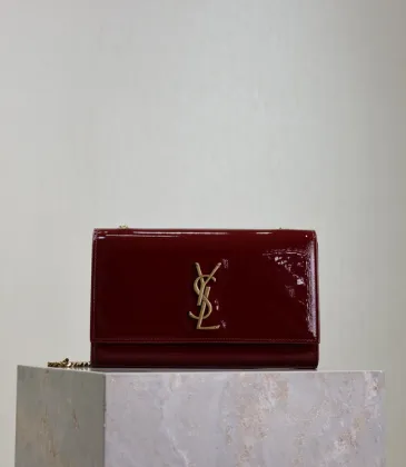 YSL Patent Leather Chain Wallet In Burgundy Showcasing Iconic Logo And Timeless Elegance #A50335