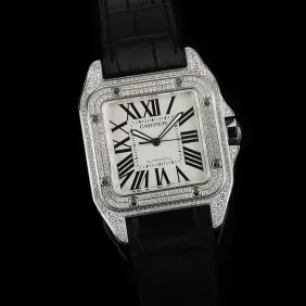 Cartier Santos Diamond Automatic Black Leather Watch 42mm #A65833