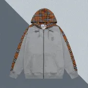 Gray Burberry Hoodie With Checkered Pattern Sleeves And Hood Iconic Fashion Design #A54373