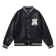 AMIRI Black Leather Bomber Jacket With Iconic Logo And Varsity Stripe Details #A54436