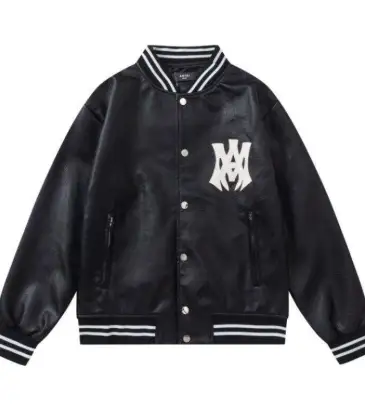 AMIRI Black Leather Bomber Jacket With Iconic Logo And Varsity Stripe Details #A54436