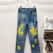 Chrome Hearts Style Blue Denim Jeans With Yellow Cross Patches For Bold Street Fashion #A54278