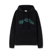 Off White Black Hoodie with Blue Green Glitter Logo and Front Pocket for Men and Women #A54251