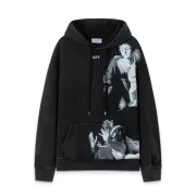 Off - White Washed Black Hoodie With Artistic Religious Print And OFF Logo #A54330