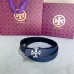 Tory Burch Navy Blue Textured Leather Belt With Silver Logo Buckle For Elegant Outfit Accents 2.5CM #99905621