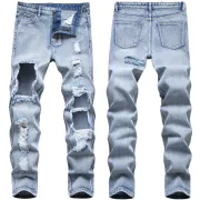 Balmain Style Light Blue Distressed Ripped Skinny Jeans for Fashion - Forward Looks #99904321