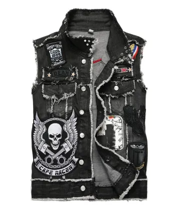 Men's Distressed Denim Vest With Biker Patches And Skull Emblem For Edgy Style #999923258