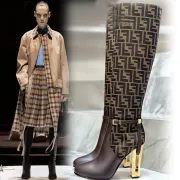 Fendi Women's Knee   High Boots  Iconic FF Monogram with Gold Heel Detail for Luxury Fashion Lovers #A56297