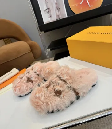 Louis Vuitton Cozy Fluffy Slippers with Leather Straps and Brand Embellishments #A54592
