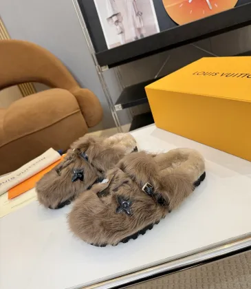 Louis Vuitton Cozy Fluffy Slippers with Leather Straps and Brand Embellishments #A54594