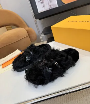 Louis Vuitton Cozy Fluffy Slippers with Leather Straps and Brand Embellishments #A54595