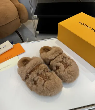 Louis Vuitton Cozy Fluffy Slippers with Leather Straps and Brand Embellishments #A54597