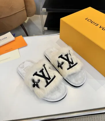 Louis Vuitton Cozy Fluffy Slippers with Leather Straps and Brand Embellishments #A54599