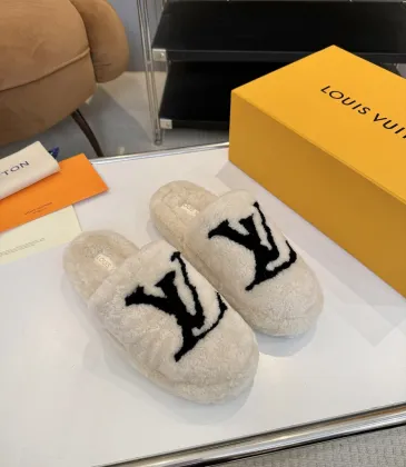 Louis Vuitton Cozy Fluffy Slippers with Leather Straps and Brand Embellishments #A54600