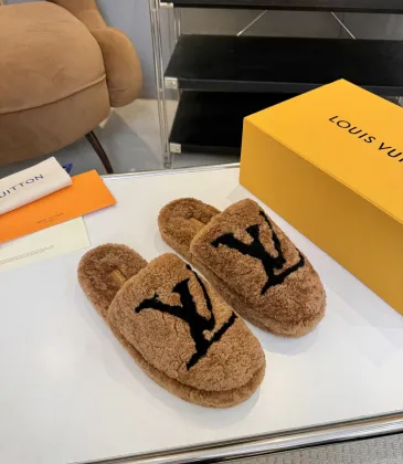 Louis Vuitton Cozy Fluffy Slippers with Leather Straps and Brand Embellishments #A54602