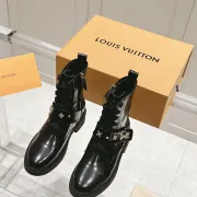 Louis Vuitton Shiny Black Ankle Boots with Lace-Up, Zipper and Decorative Straps #A54603