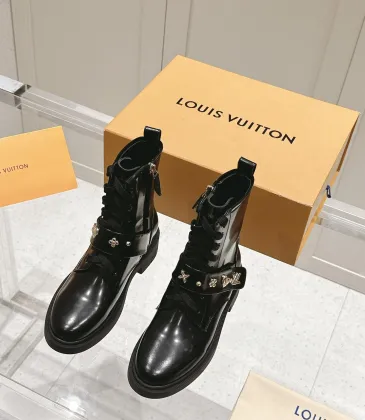 Louis Vuitton Shiny Black Ankle Boots with Lace-Up, Zipper and Decorative Straps #A54603