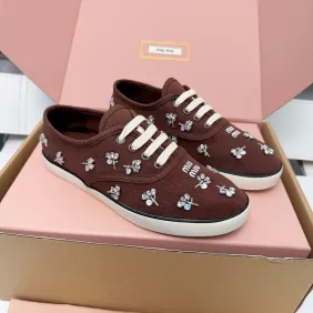 Miu Miu Women's Rhinestone Embroidered Canvas Sneakers #A66081