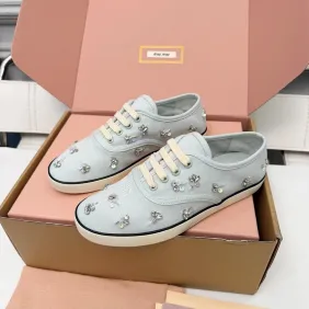 Miu Miu Women's Rhinestone Embroidered Canvas Sneakers #A66083