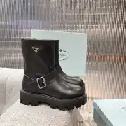 Prada Inspired Black Leather Biker Boots With Chunky Platform Sole #A54581