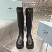 Prada Inspired Black Leather Knee-High Boots With Chunky Platform Sole #A54583