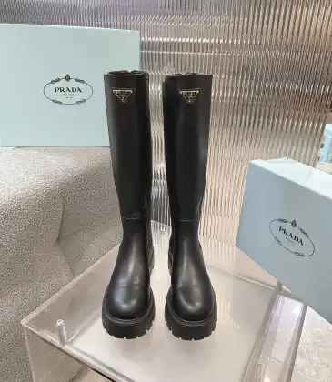 Prada Inspired Black Leather Knee-High Boots With Chunky Platform Sole #A54583