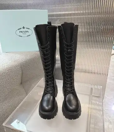 Prada's Stylish Black Lace-Up Knee-High Boots with Chunky Soles on Display #A54585