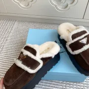Prada Women's Shearling Lined Mule Slippers Triangle Logo Thick Sole Design for Cozy Luxury Winter Footwear #A57765