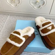Prada Women's Shearling Lined Mule Slippers Triangle Logo Thick Sole Design for Cozy Luxury Winter Footwear #A57766