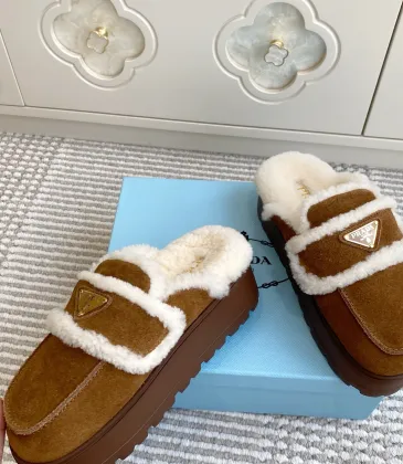 Prada Women's Shearling Lined Mule Slippers Triangle Logo Thick Sole Design for Cozy Luxury Winter Footwear #A57766