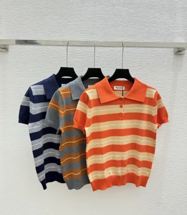 2025 Miu Miu Striped Short-Sleeve Polo Sweater with Button Placket and Logo #A54551