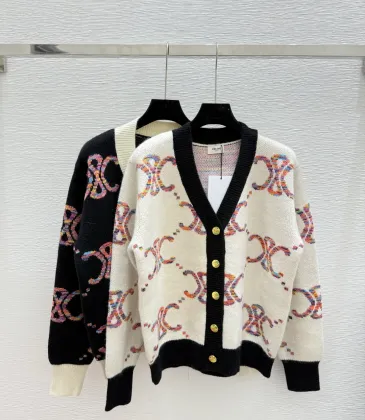 Celine Luxury Brand Women's Wool Cardigan V  neck Style with Colorful Logo Patterns and Gold  toned Buttons #A54845