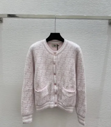 Fendi Women's Luxurious Fuzzy Knit Cardigan Featuring Pink and White FF Monogram and Contrast Trims #A56339