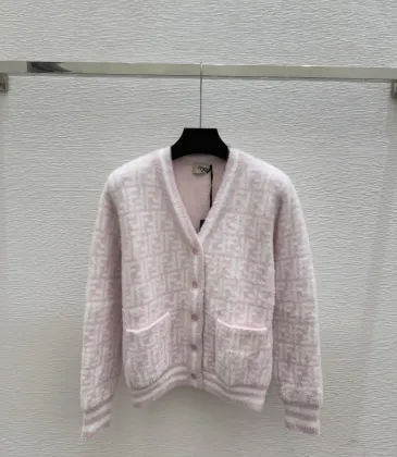 Fendi Women's Luxurious Fuzzy Knit Cardigan Featuring Pink and White FF Monogram and Contrast Trims #A56340