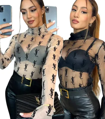 YSL European and American women's cross-border Amazon sexy see-through high-neck long-sleeved flocked high-quality top T-shirt #A64626